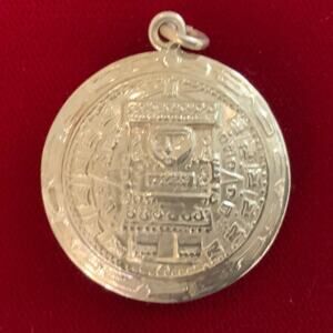 Sterling Silver Aztec Calendar Round Double-Sided Domed Pendant Stamped 925
